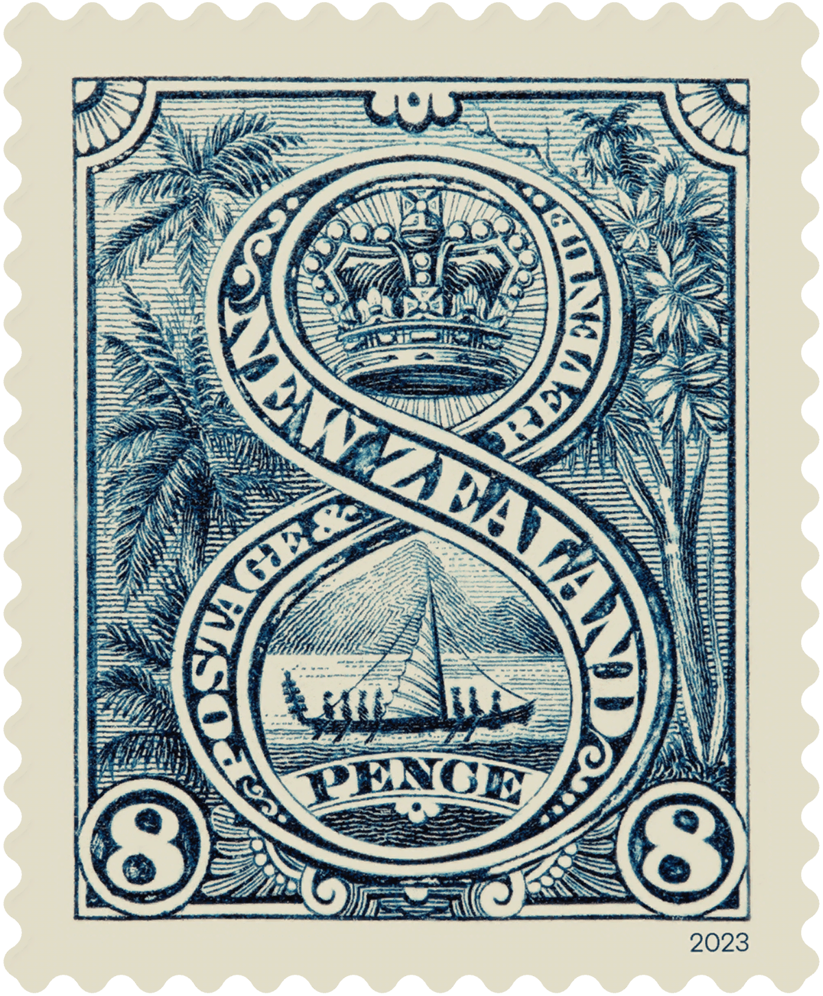 Single 8d 'War Canoe and Crown' gummed stamp image 1