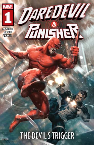 Cover for comic book series called Daredevil/Punisher: The Devil's Trigger