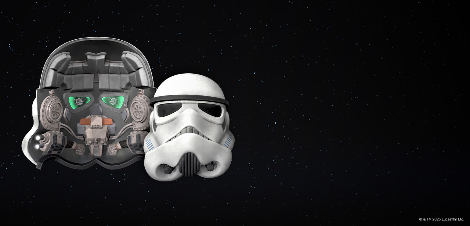 stormtrooper helmet collectible in digital format with a starry background