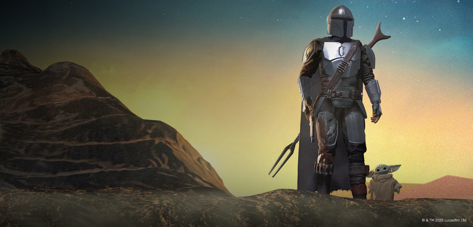 The Mandalorian collectible in digital form featuring Grogu and a desert landscape 